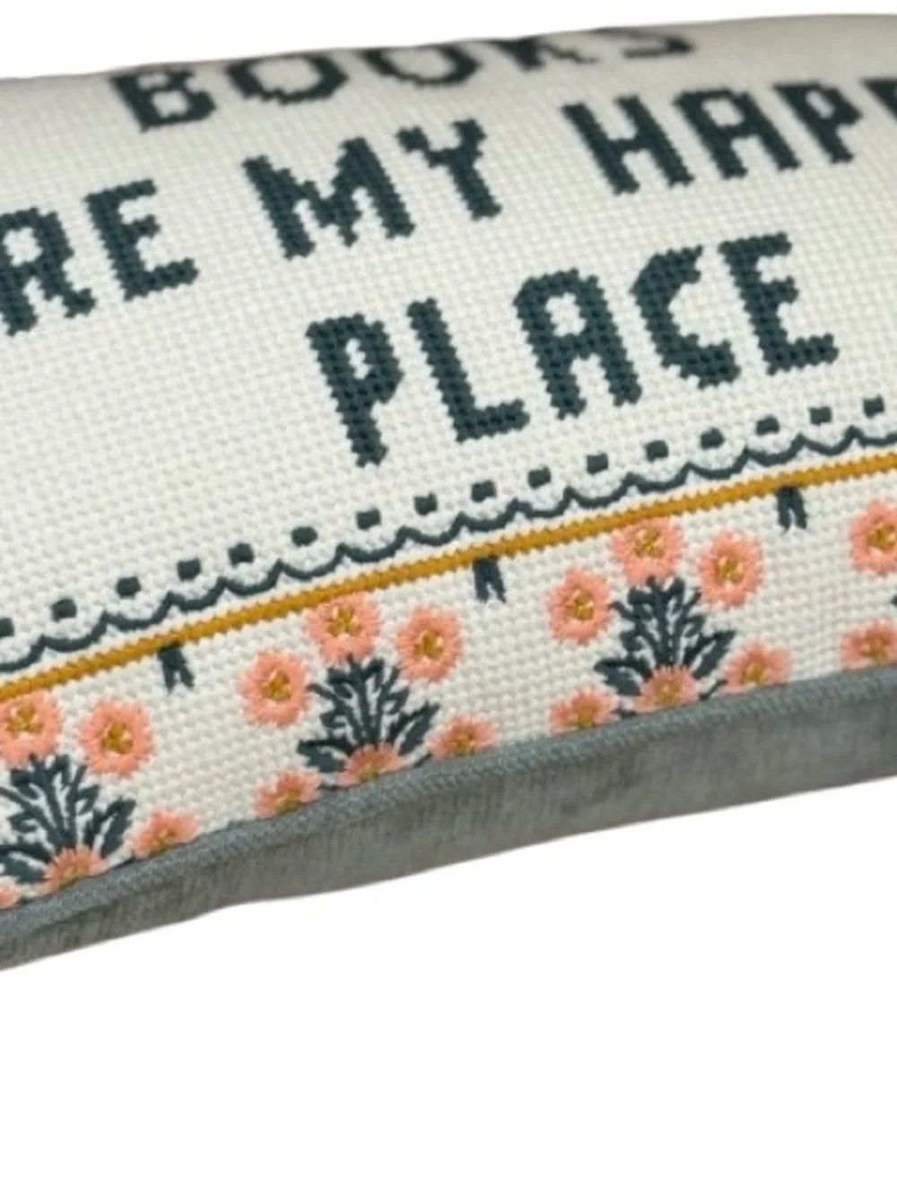 🆕- Embroidered  “BOOKS ARE MY HAPPY PLACE” Accent Pillow with Floral Border